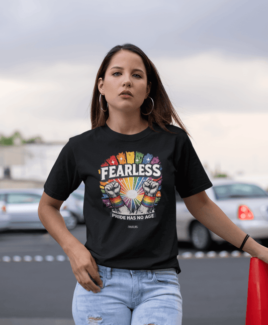 Black streetwear-style Pride T-shirt with modern rainbow illustration